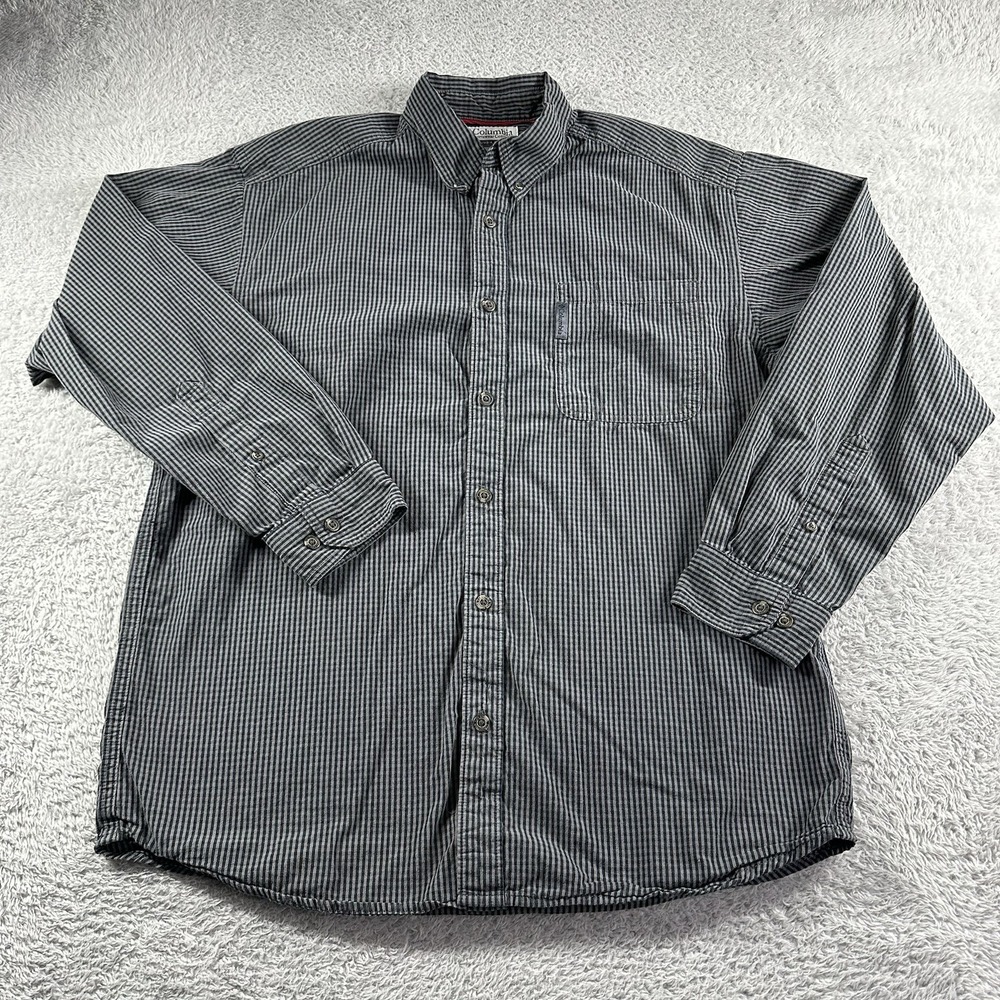 Columbia Shirt Mens Medium Button Up Gray Gingham Check Plaid Pattern Minimalist